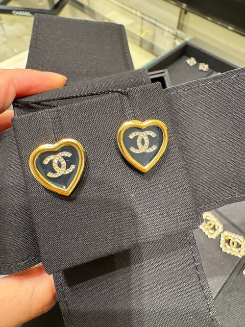 CHANEL Black and Gold Heart Earrings