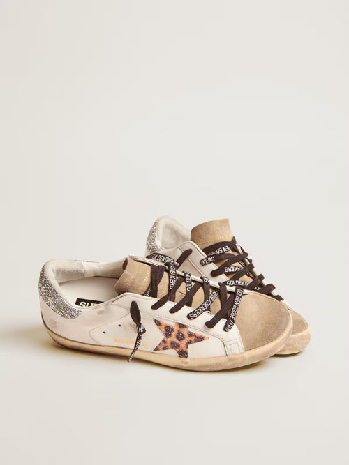 GOLDEN GOOSE Women's Super - Star LTD with leopard print and Swarovski crystal star | 黃金鵝 女款 Super - Star LTD 搭配豹紋與施華洛世奇水晶星星(白色) - LondonKelly 英國名牌代購