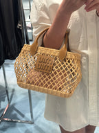 MIU MIU Woven Fabric Handbag with Leather Trim | Miu Miu Straw Basket (Brown)