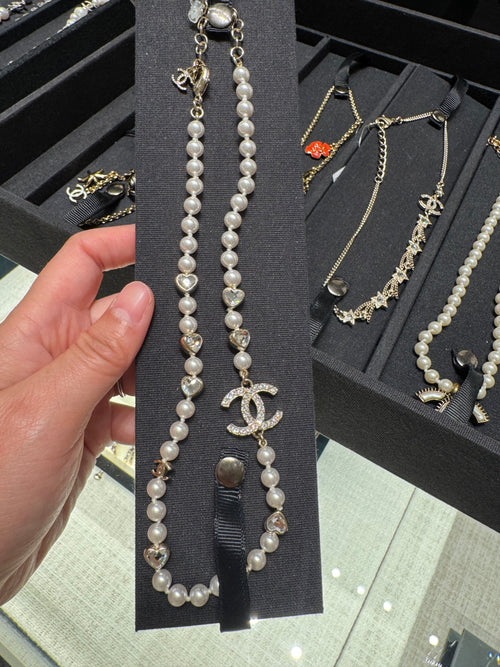 CHANEL ABG257 CC Logo Pearl Heart Necklace(Gold)