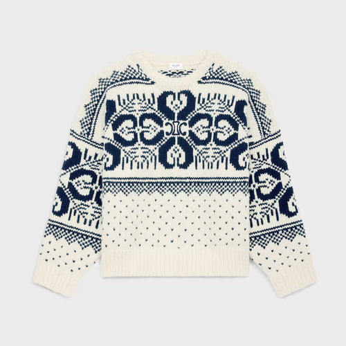 CELINE Crew Neck Sweater In Fair Isle Wool and Cashmere | 賽琳 費爾島羊毛與羊絨圓領毛衣（米白色／海軍藍）